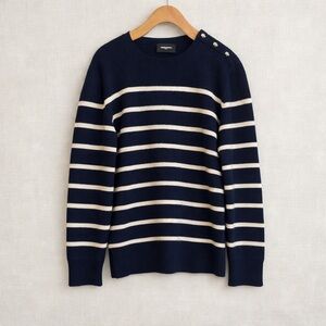 THE KOOPLES Striped Knit Sweater Crewneck Long Sleeve Navy Cream Pullover